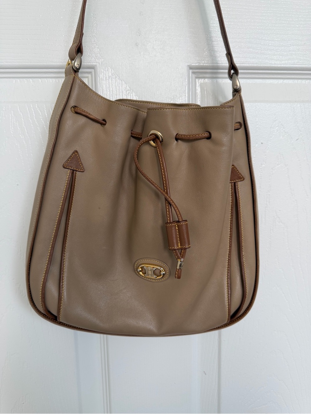 Vintage CELINE Paris Triomphe Leather Drawstring Bucket Bag Tan Beige Crossbody